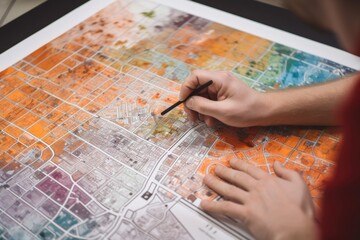 urban planner, sketching out the details of a new neighborhood in vibrant colors, created with generative ai