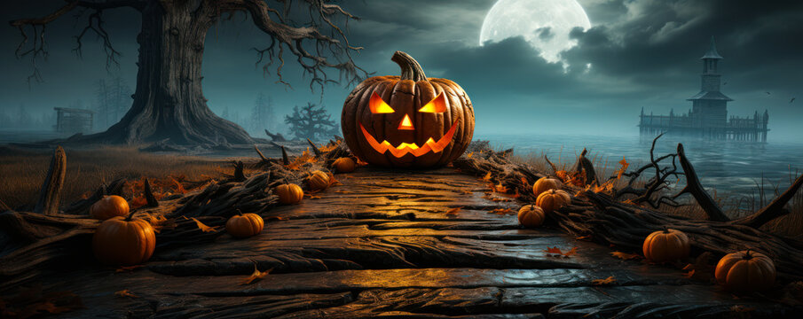 background of a scary jack o lantern in a wooden plank of wood, ethereal seascape