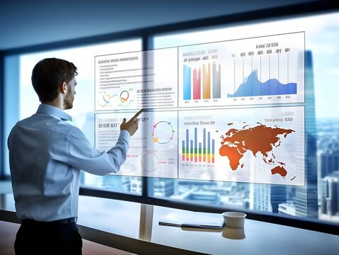 businessman analyzing a comprehensive Business Analytics dashboard displayed on a virtual screen
