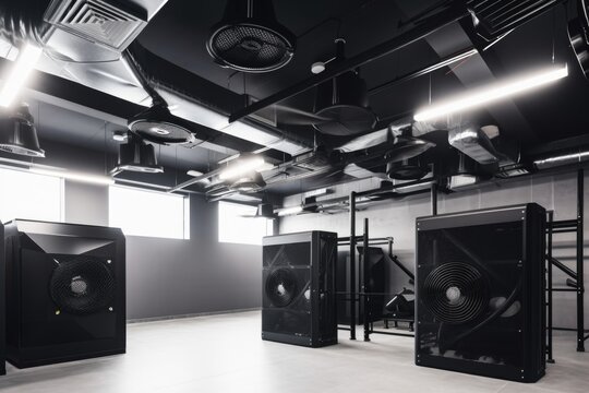 ventilation and exhaust system in a gym, with fans and ventilation equipment keeping the air clean and fresh, created with generative ai