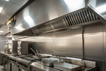 ventilation and exhaust system in the kitchen, with hoods over cooking surfaces and extractor fans removing smoke and odors, created with generative ai