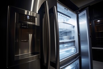 close-up of refrigerator door, featuring illuminated interior light and sleek design, created with generative ai
