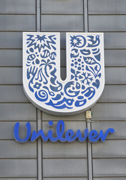 Solna, Sweden - June 13, 2023: Sign and logotype for the Unilever Sverige AB office located at Svetsarvagen 15 in Solna. The Unliever group is a multinational producer of food and hygiene products..