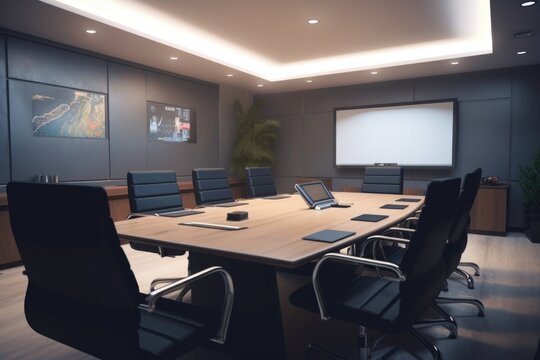 a virtual boardroom, with a large screen for displaying presentations and other visual aids, created with generative ai