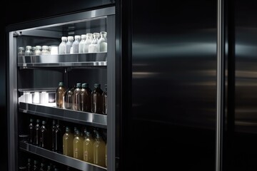 close-up of sleek and modern walk-in refrigerator, with bottles and cans visible, created with generative ai