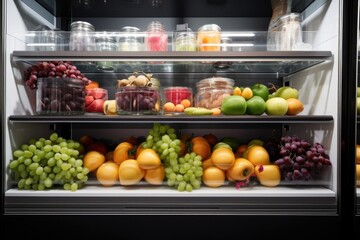 walk-in refrigerator filled with plump, juicy fruits and vegetables, created with generative ai