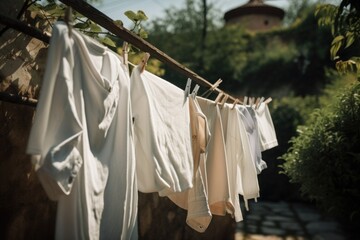 clothesline with freshly ironed shirts and towels, ready to be used, created with generative ai