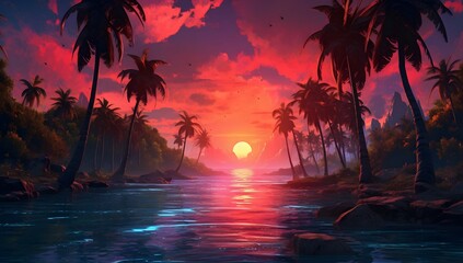Obraz na płótnie Canvas sunset over the river. Illustration. Generative AI.