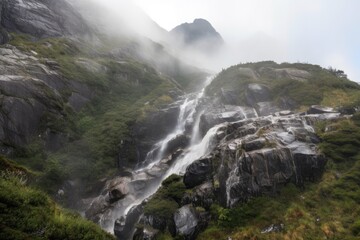 waterfall cascading down rugged mountain, with mist in the air, created with generative ai