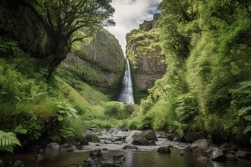 Fototapeta na wymiar waterfall surrounded by lush greenery and towering cliffs, created with generative ai