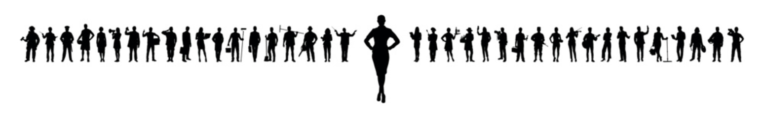 Woman standing in front of group people with various occupations vector silhouettes set.