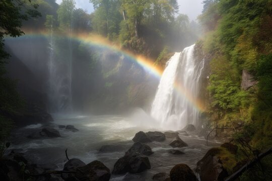 waterfall, with misty spray and rainbows, in colorful landscape, created with generative ai