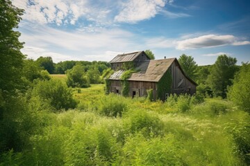 Obraz premium rustic barn surrounded by lush greenery and clear blue sky, created with generative ai