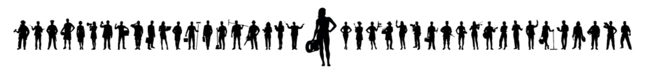 Female lifeguard standing in front of group people with various occupations or professions vector silhouettes set. - obrazy, fototapety, plakaty