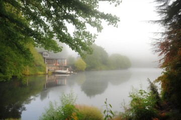 Fototapeta premium lakeside view, with mist rising from the water and trees surrounding the shore, created with generative ai