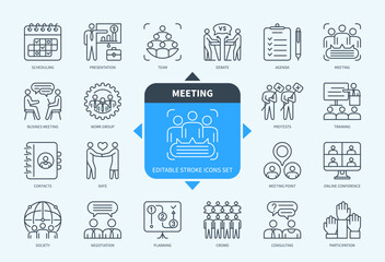 Editable line Meeting outline icon set. Presentation, Debate, Date, Online Conference, Contacts, Training, Scheduling. Editable stroke icons EPS