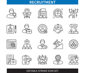 Editable line Recruitment outline icon set. Career, Human Resources, Job, Resume, Candidate, Training, Contract, Head Hunting. Editable stroke icons EPS