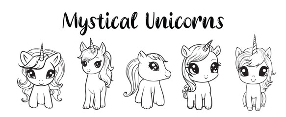 Cute unicorn cartoon vector coloring book illustration. Simple flat line art , design element isolated on white. Magical creatures, fantasy, dreams theme.