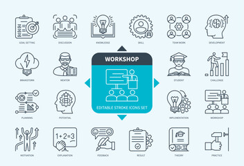 Editable line Workshop outline icon set. Theory, Practice, Goal Setting, Explanation, Challenge, Mentor, Motivation. Editable stroke icons EPS