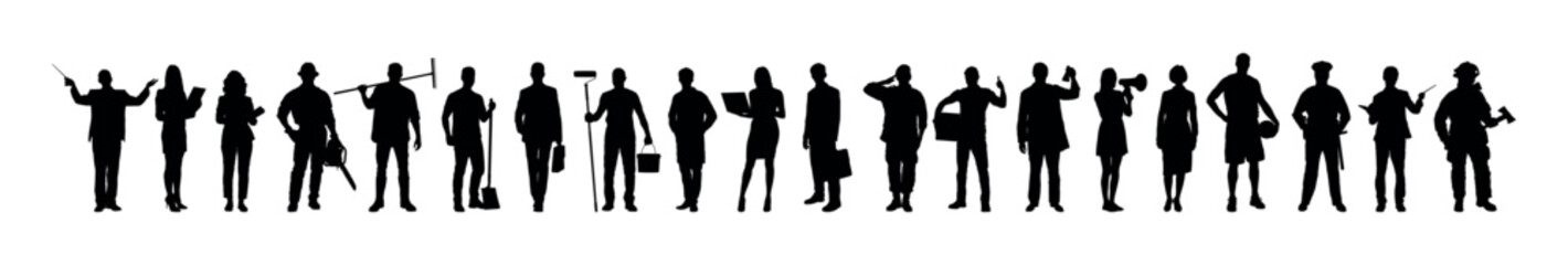 People different occupations standing together vector black silhouettes vector set collection.