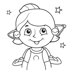 Happy kids astronaut exploring outer space. Vector illustration, black and white line art, doodle, sketch, cute.