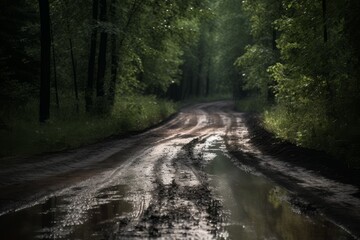 Wet road forest. Generate Ai