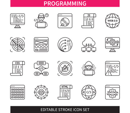 Editable line Programming outline icon set. Web, Algorithm, Binary Code, Spiral Development, Testing, Cloud Computing, Hacker, Software. Editable stroke icons EPS