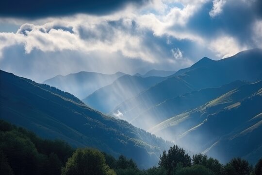 majestic mountain range, with misty clouds and sunshine, against blue sky, created with generative ai