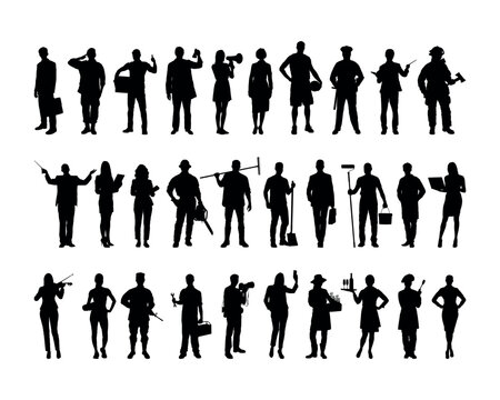 People crowd standing various professions silhouettes. Group of people different occupations or jobs standing in a row vector black silhouettes set collection.