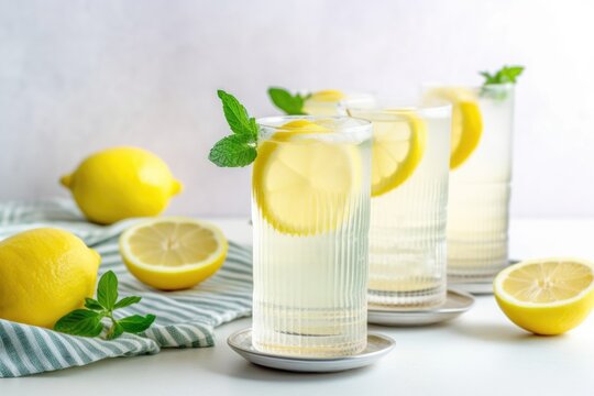 stack of glass cups filled with refreshing summer lemonade, created with generative ai