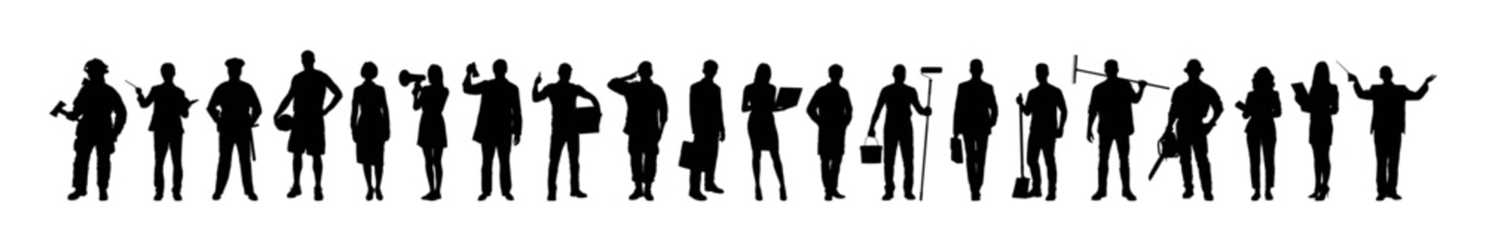 People with various professions standing together in row vector black silhouettes set collection.