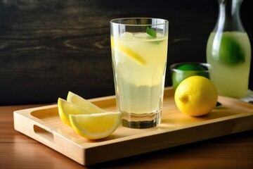 Fototapeta premium glass of homemade lemonade with slice of lemon and wedge of lime on a wooden tray, created with generative ai