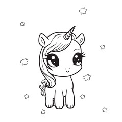 Cute unicorn cartoon vector coloring book illustration. Simple flat line art , design element isolated on white. Magical creatures, fantasy, dreams theme.