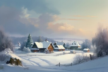 Winter village snow morning. Generate Ai