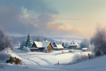 Winter village snow morning. Generate Ai