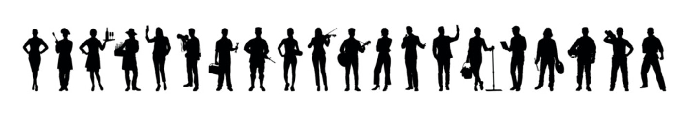Group people different occupations professions standing in a row vector black silhouettes set.