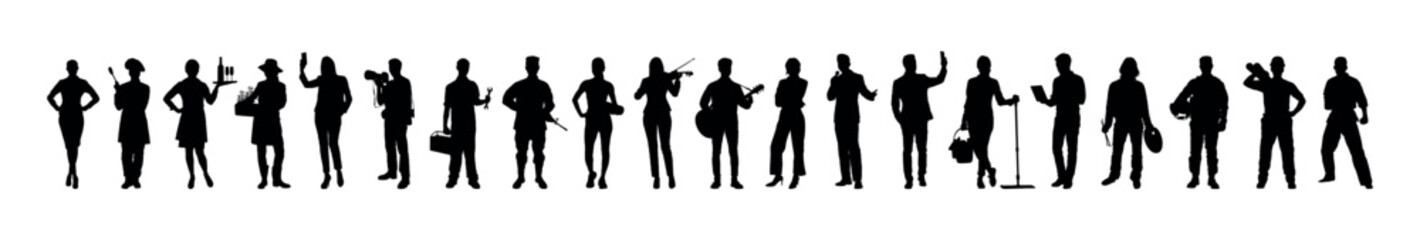 Obraz premium Group people different occupations professions standing in a row vector black silhouettes set.