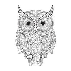 Hand drawn Owl Mandala for anti stress Coloring Page with high details, illustration in zentangle style. Vector monochrome sketch. Mural art. Bird collection