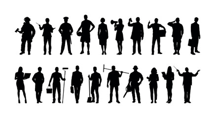 Group people different occupations or professions standing in a row vector silhouettes set collection.