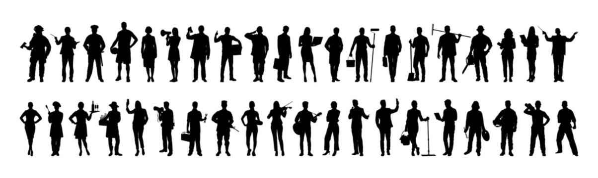 People with various occupations jobs standing together in row vector flat black silhouettes set collection. Collection of people different professions standing in a row silhouettes. 