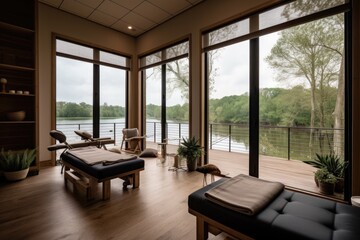 Fototapeta premium wellness retreat with scenic view of tranquil lake, created with generative ai