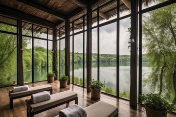 wellness retreat with view of a tranquil lake, surrounded by greenery, created with generative ai