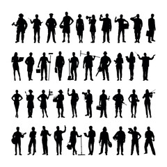 Collection of people different professions standing in a row silhouettes set collection.