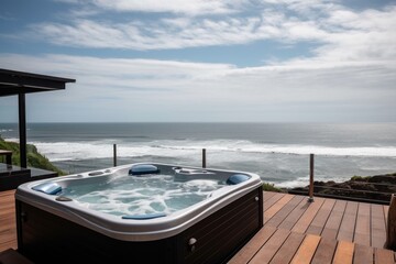 Fototapeta premium wellness retreat with hot tub and view of the ocean, created with generative ai