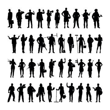 Set of people silhouettes different professions standing in a row on white background.