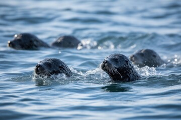 Fototapeta premium breath-taking view of a group of seal pups swimming in the ocean, their wake breaking the still water, created with generative ai