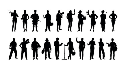 Professional workers with different fileds standing in row vector silhouette set collection.