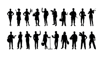 People with various occupations jobs standing together in row vector flat black silhouettes set collection.