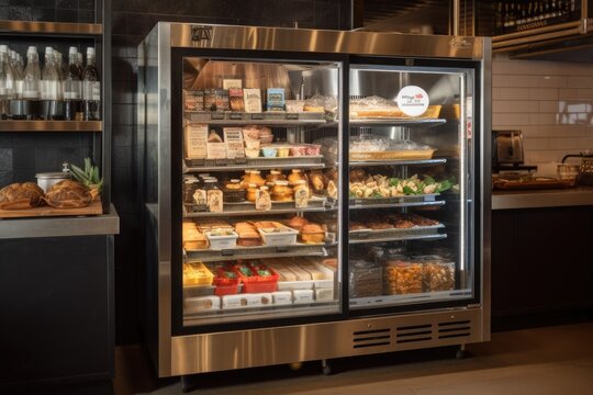 temperature-controlled cabinet with glass door, showing off products and menu items, created with generative ai