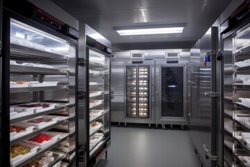 diverse range of food products and ingredients stored in temperature-controlled holding cabinets, created with generative ai